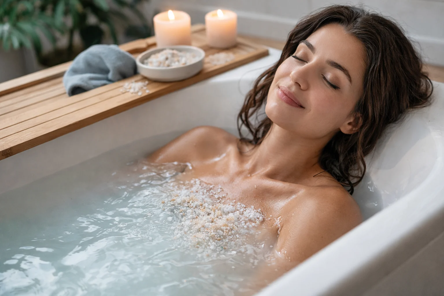 Warm spa-inspired bath setting with folded towels and natural materials