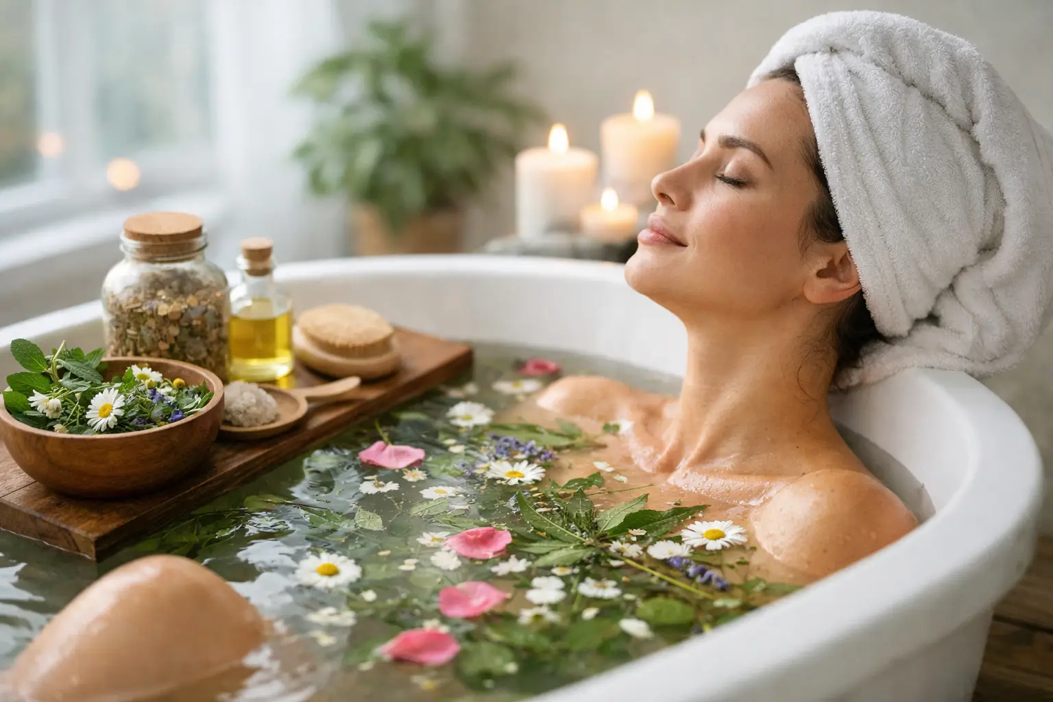 Beautifully styled bath salts, folded towels and natural spa-inspired details